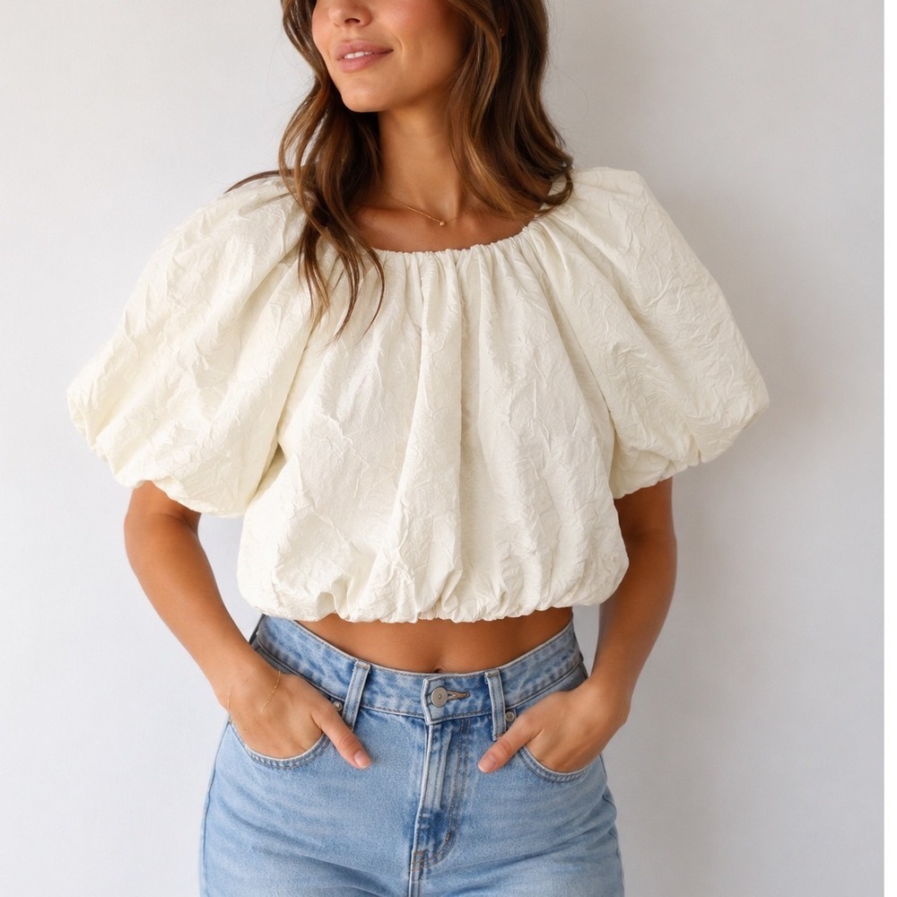 Endless Rose Anthropologie Women's Floral Jacquard Puff Sleeve Bubble Crop Top S